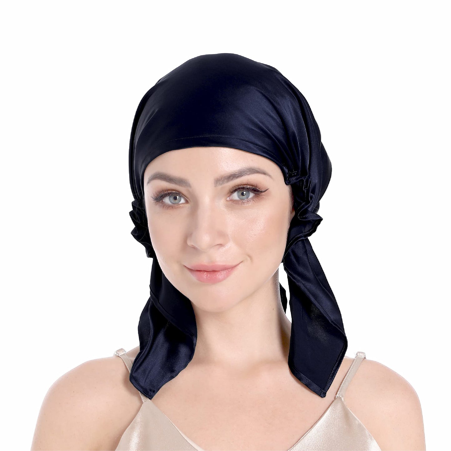 SissiLita Women's Silk Sleep Cap, Large Deep Royal Navy Hair Bonnet for Curly Hair, Moisture Wicking, Lightweight