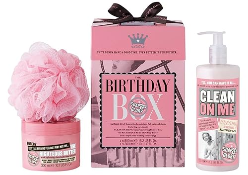 Soap & Glory The Birthday Box - Clean On Me Shower Gel, The Righteous Butter Body Butter with Shea Butter & Shower Puff - Rose & Bergamont Scented