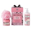 Soap & Glory The Birthday Box - Clean On Me Shower Gel, The Righteous Butter Body Butter with Shea Butter & Shower Puff - Rose & Bergamont Scented