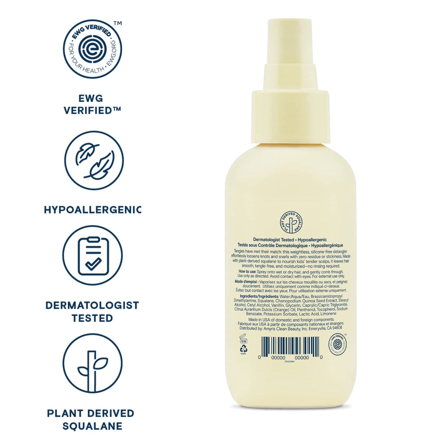 Pipette Leave-In Hair Detangler Spray for Kids, 4.4 Fl Oz, Silicone-free Detangling Spray with Squalane to Moisturize All Hair Types, Toddler and Kids