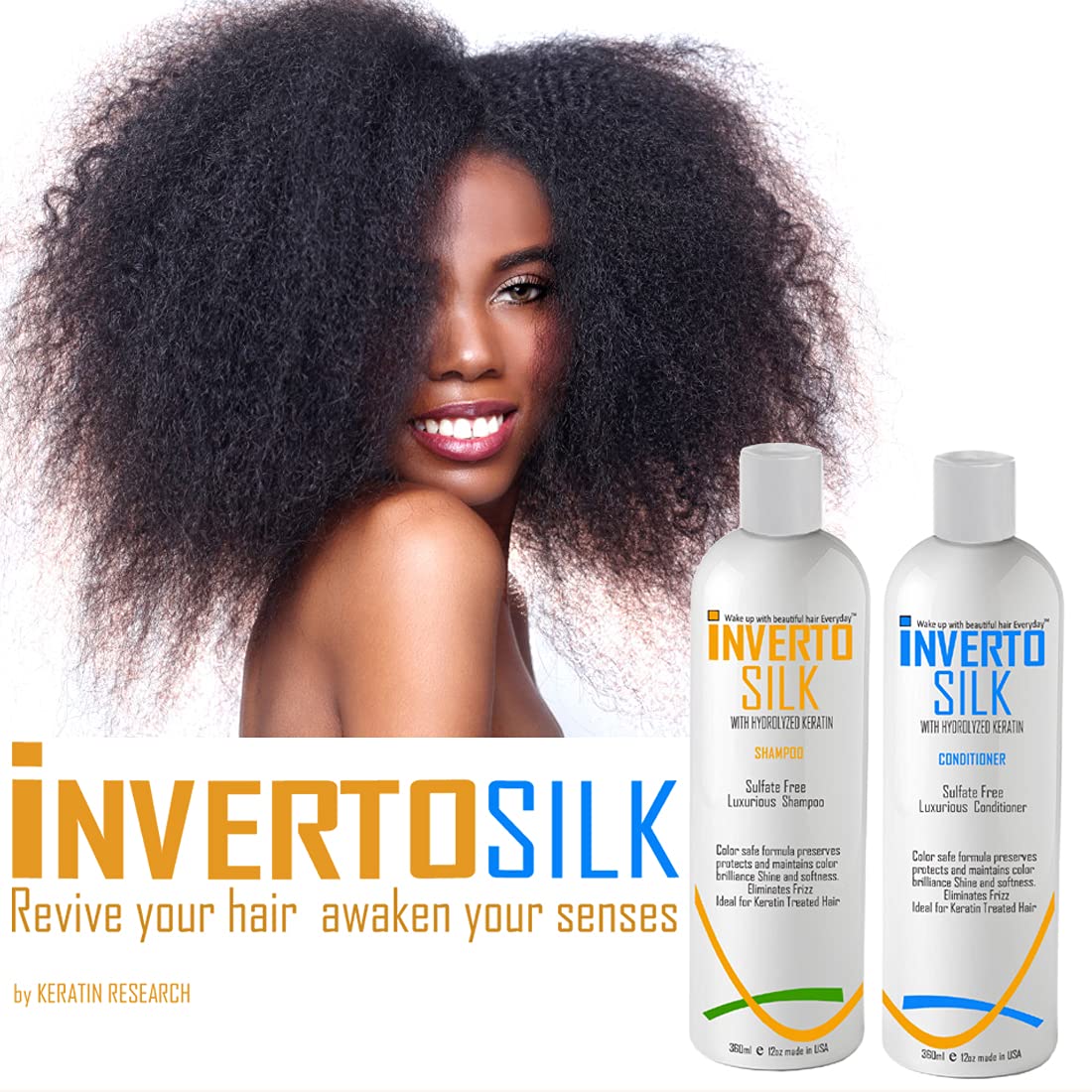 Keratin Shampoo Set For Frizzy Damaged And Color Treated hair INVERTO SILK Luxurious Sulfate Free Shampoo and Conditioner Two Bottles Value Set 2 x