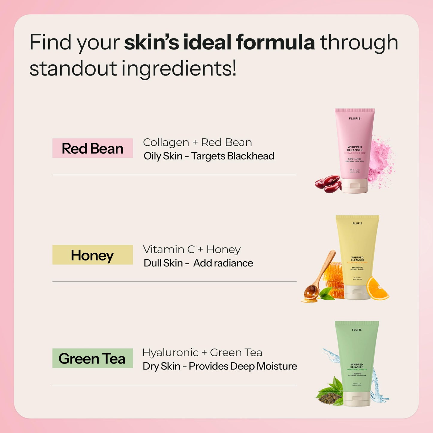 Flufie Whipped Facial Cleanser with Collagen & Red Bean - Gentle Exfoliating, Hydrating & Brightening for Smooth Skin - Dermatologist Tested