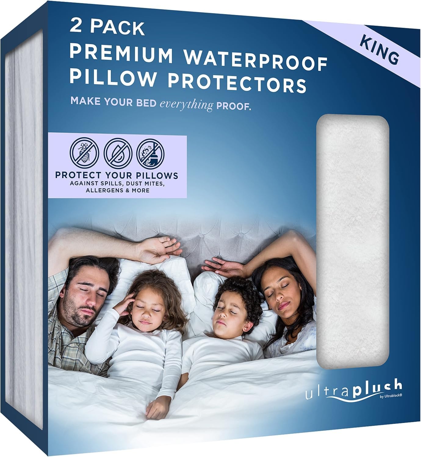 UltraBlock Ultra Plush Premium Waterproof Pillow Protector Set of 2 - Zippered Pillow Case Cover - Super Soft and Quiet Feather Proof Encasement (King