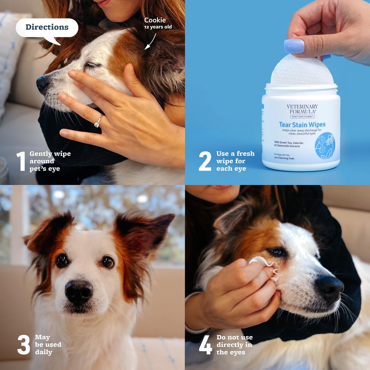 Veterinary Formula Smart Coat Tear Stain Wipes for Dogs & Cats, 100 ct – Gently Remove Eye Debris & Stains, Fragrance-Free, Pre-Saturated