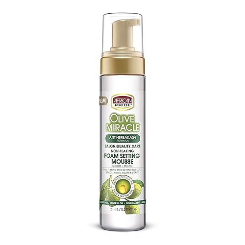 African Pride Olive Miracle Non-Flaking Foam Setting Hair Mousse, Long-Lasting Frizz & Shine Control for Curls, Braids, Weaves, Wigs, Waves & Wraps