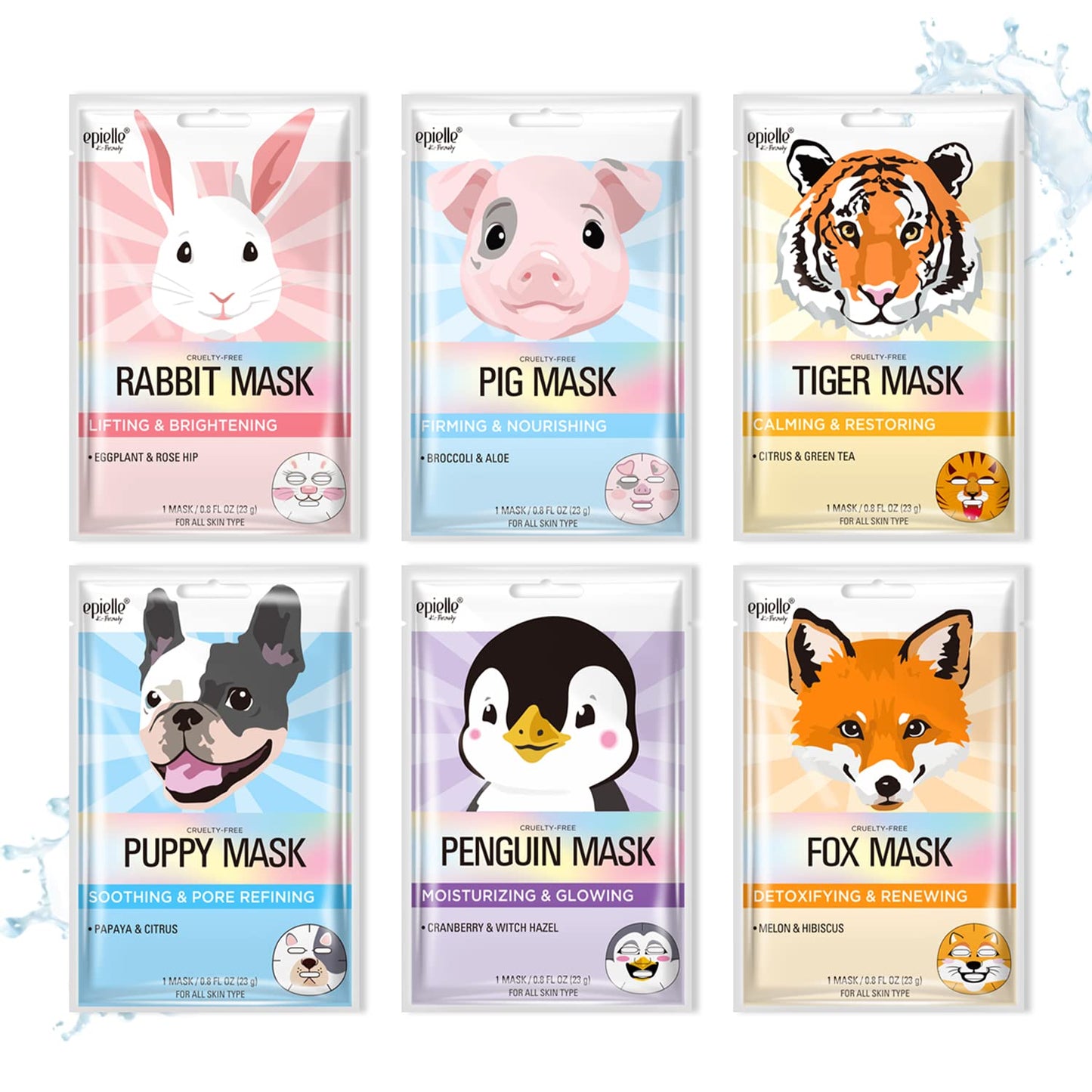 Epielle Character Face Mask Fuzzy Friends 6 Pack, Fun & Effective Korean Skin Care, Spa Party Favors, Stocking Stuffers, Birthday Gifts for Women