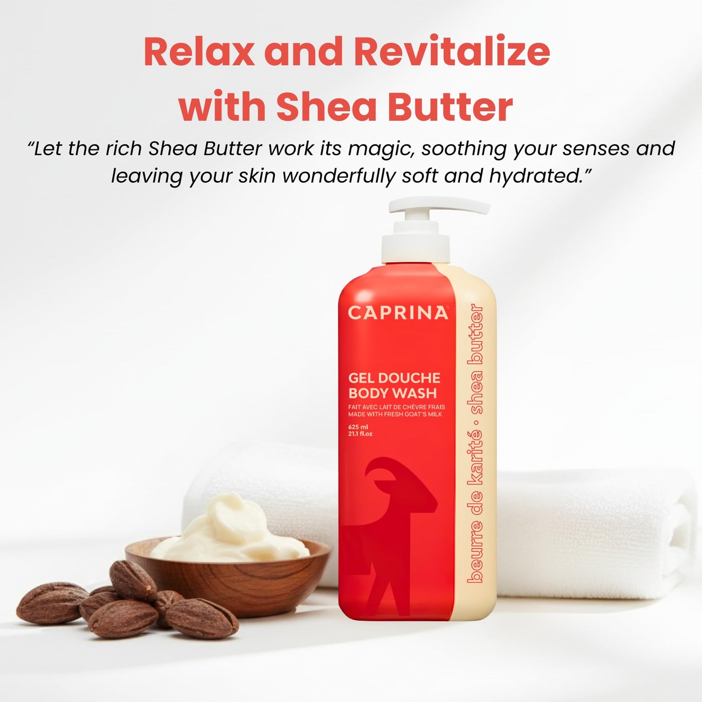 Caprina by Canus Goat Milk Body Wash, SHEA BUTTER, 625 ml (21.1 fl oz), Moisturizing Daily Cleanser, Rich Creamy Lather, Made in Canada