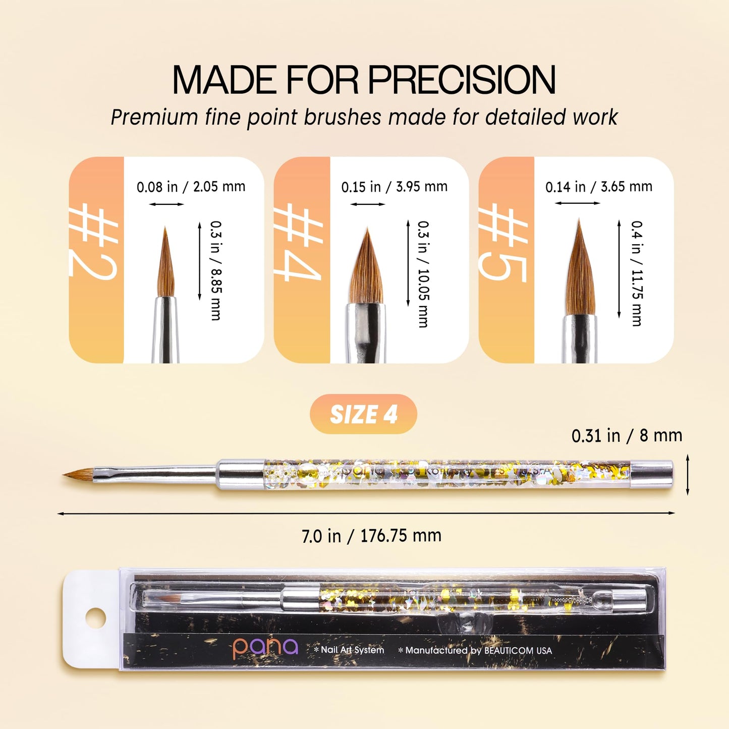 PANA 3D Kolinsky Nail Art Brush - Gold Glitter Handle, Size 4 - Acrylic Nail Art Sculpture Brush for Manicures Pedicure Salon Professional or Beginner Beauty & Personal Care PANA