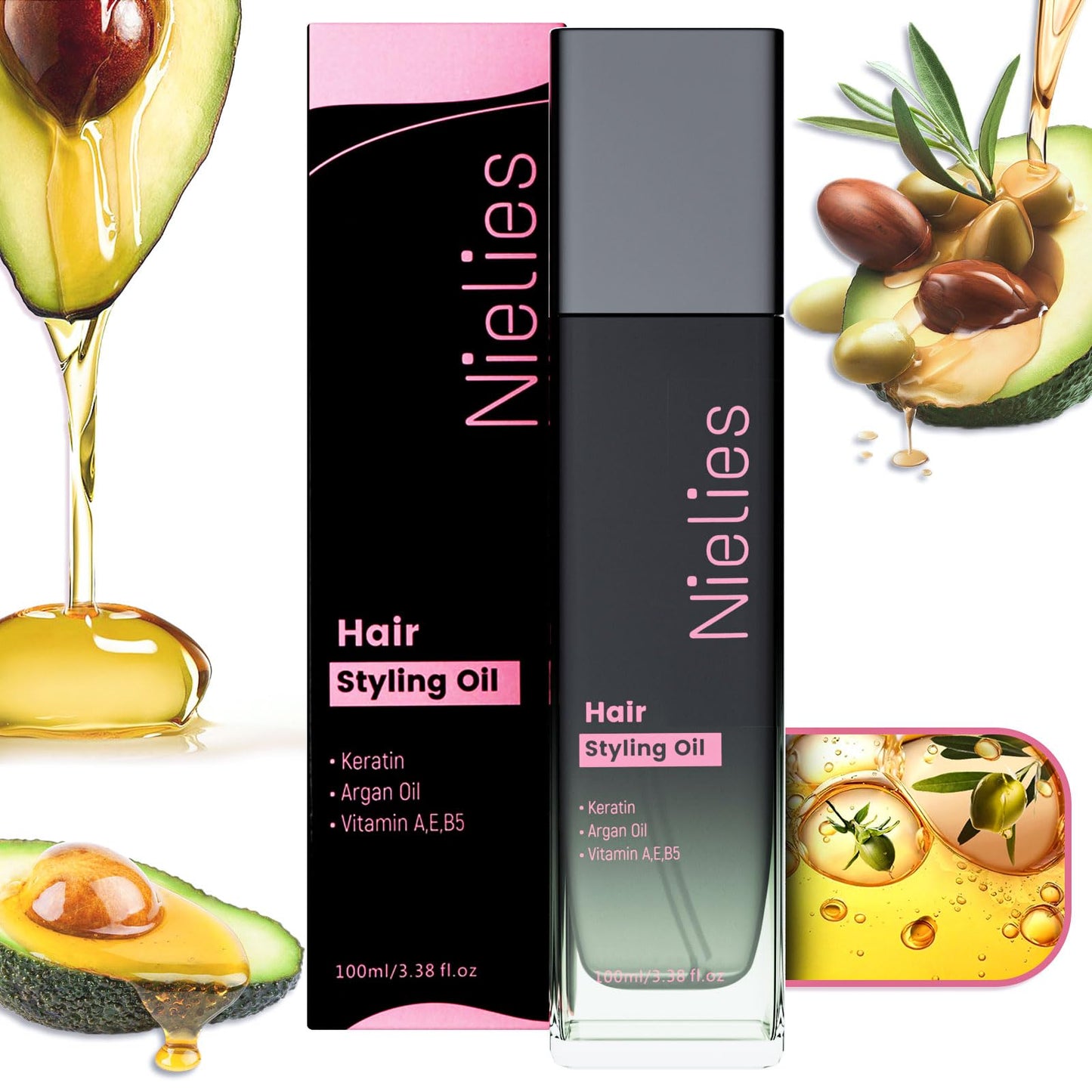 Nielies Argan Oil Hair Serum with Keratin & Biotin - Frizz Control Treatment for Dry, Curly Hair - Lightweight Smoothing & Shine Formula for Women