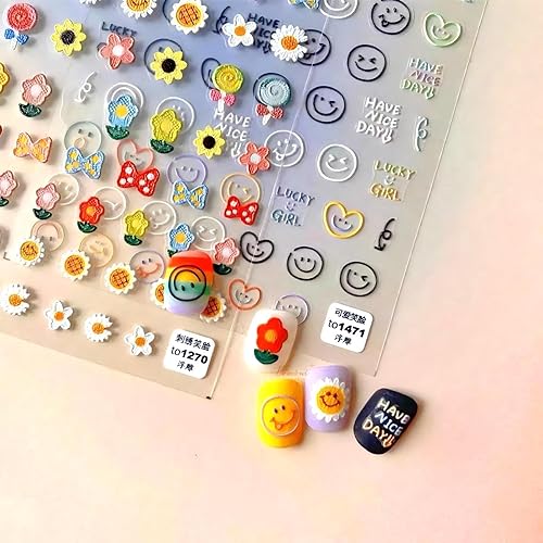 Dedyel Smile Nail Art Stickers 5D Embossed Cute Smile Face Kawaii Self-Adhesive Nail Stickers for Women Girls Kids Nail Art Decoration