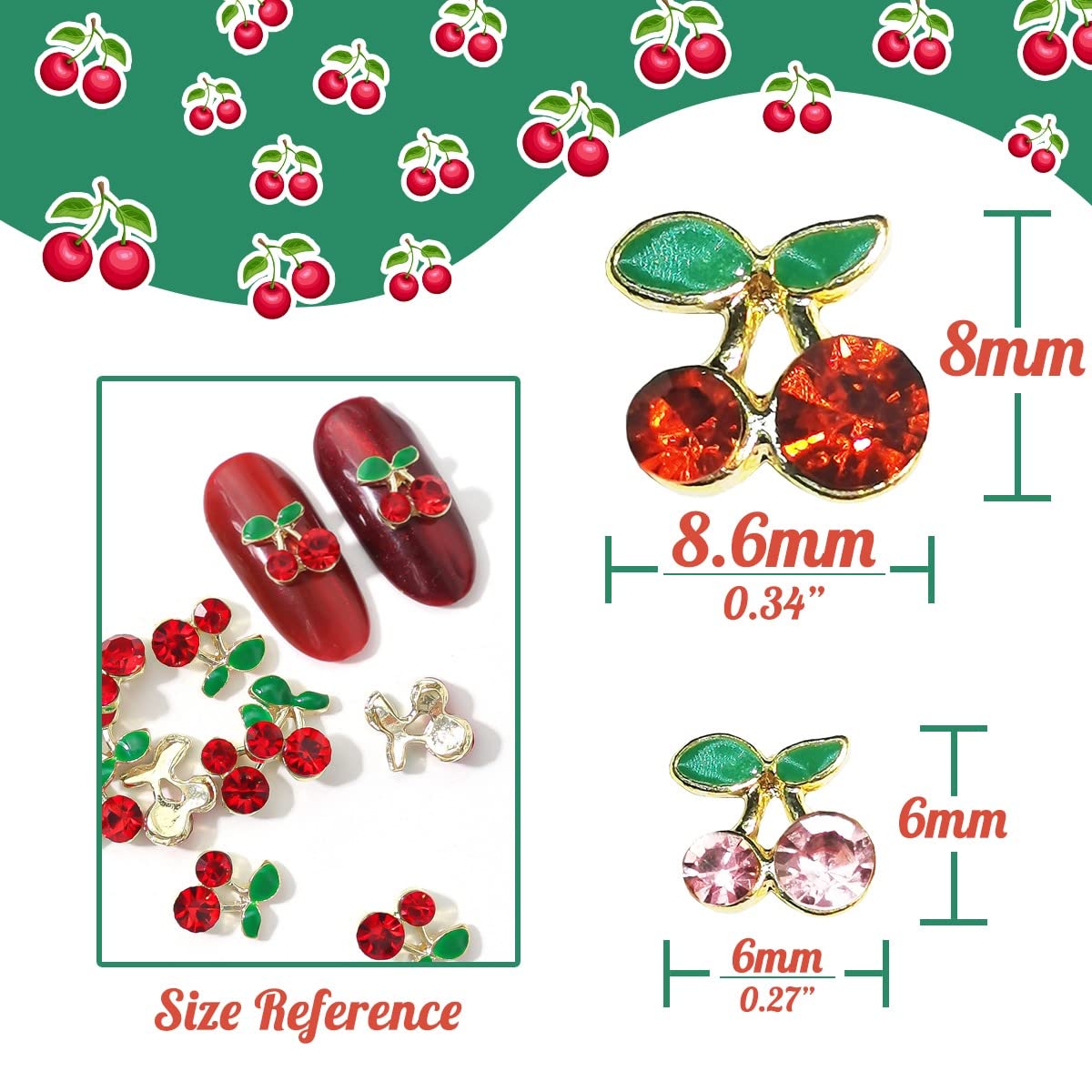 qiipii 60 Pcs 3D Cherry Nail Charms Cherry Nail Rhinestones Nail Art Shiny Gems Nail Studs Cute Fruit Nail Diamond Crystal Luxury Jewelry for Nails