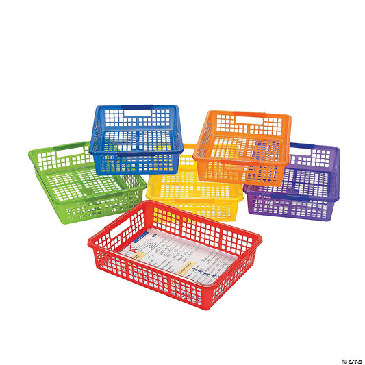 Fun Express Stackable Storage Bins 13x9.75x3 Inch - 6 Pack Colorful Plastic Storage Baskets with Handles for Classroom Organization | Paper Trays…