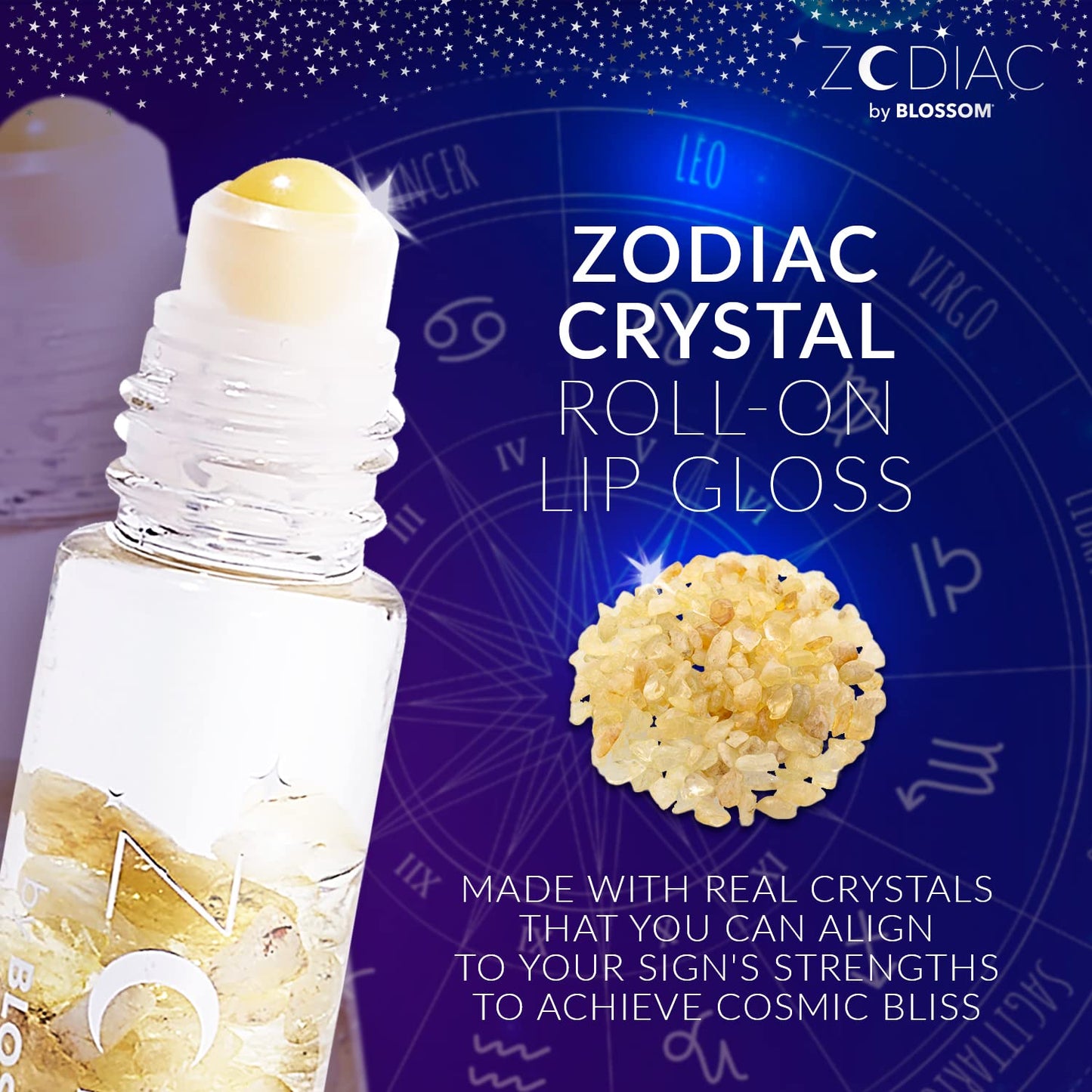 Blossom Lip Gloss Zodiac Sign Vanilla Scented Roll-On Lip Gloss, Moisturizing + Hydrating with Zodiac Crystals, Made in USA, 0.20oz, Leo