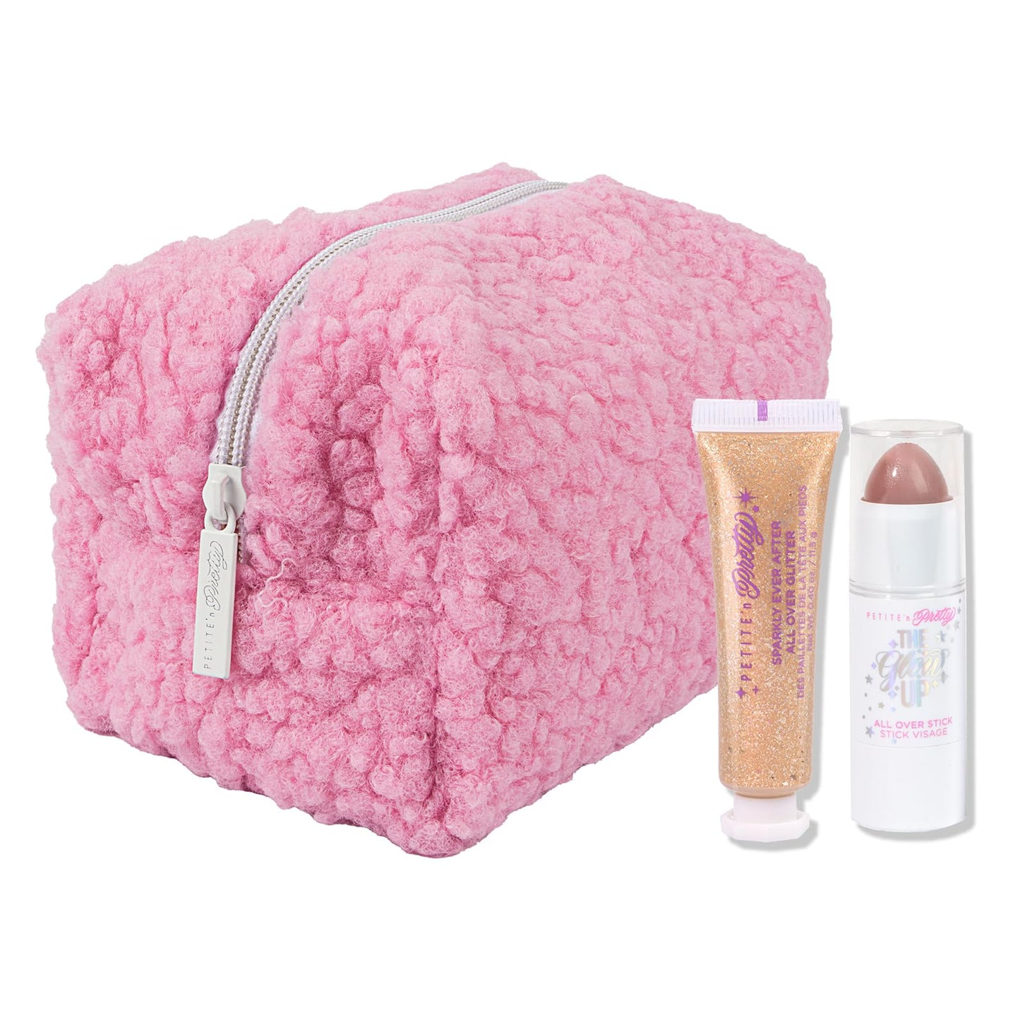 Petite N Pretty Glitter Makeup Set - Shimmering for Eyes, Cheeks, and Body - Glow Up Stick & All-Over Glitter in Pink Sherpa Bag for Kids, Teens