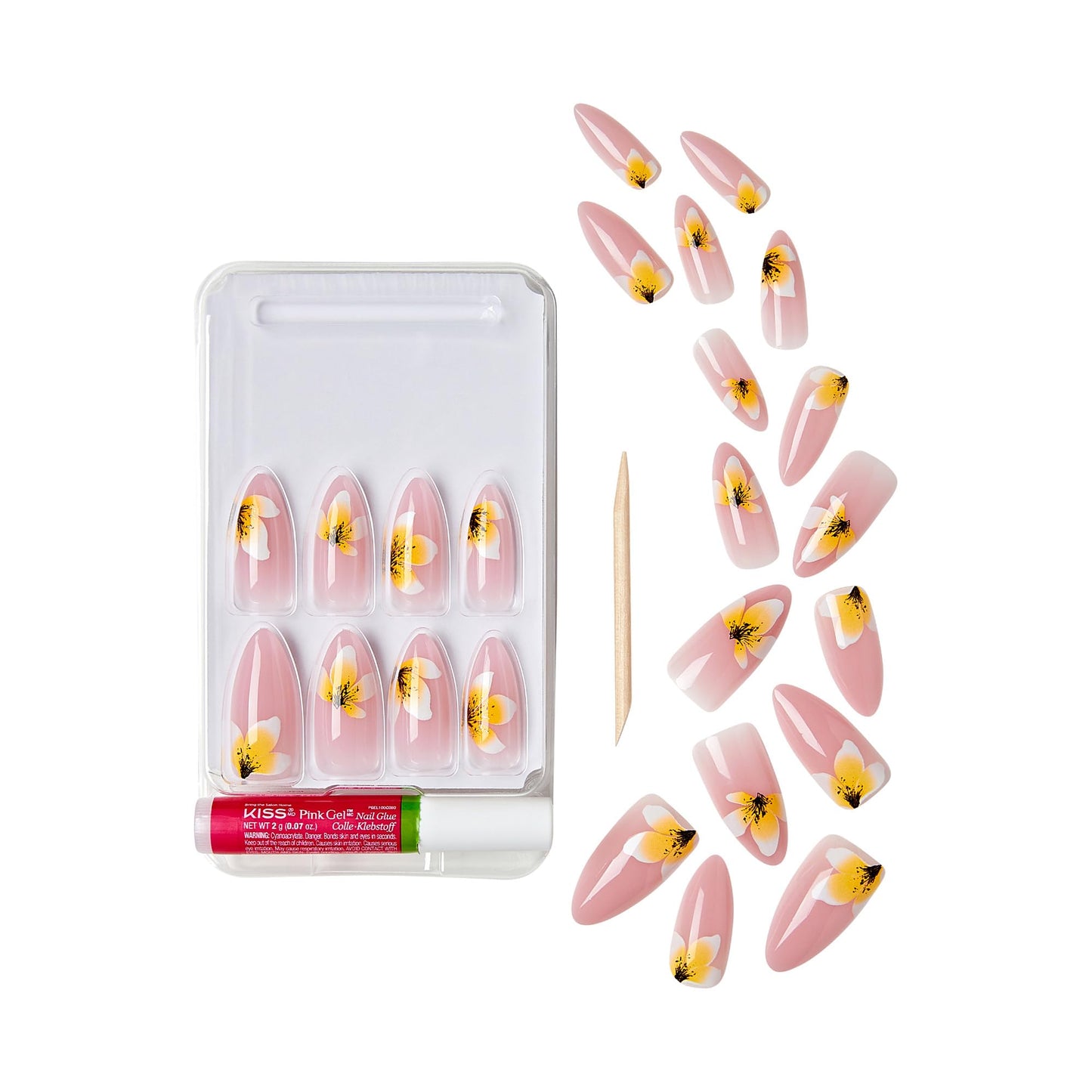 Goldfinger Trendy False Nails Kit, Long Almond Shape Design Nail, Pink & Flower Print, Ready to Wear Gel & Manicure Stick Included, Long-Lasting Beauty & Personal Care Goldfinger