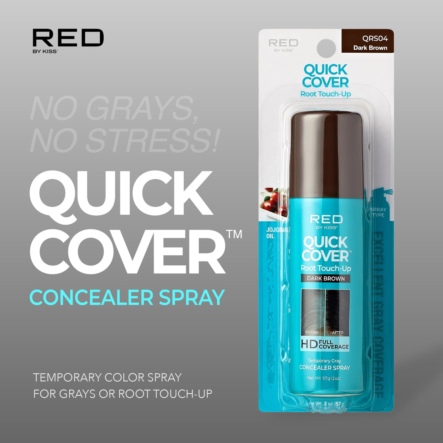 Red by Kiss Quick Cover Root Touch-Up Spray, Waterproof & Smudge-Proof Gray Coverage, Quick-Dry Formula with Jojoba Oil, Lightweight & Travel-Friendly