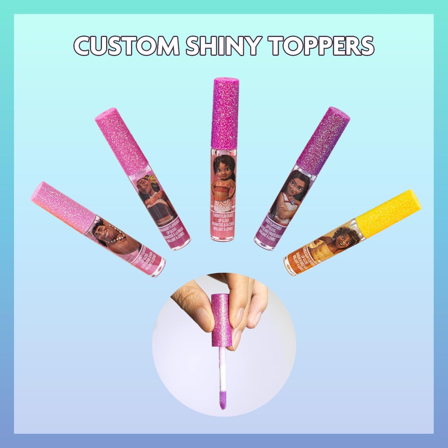 Disney Moana 7 Piece Plant Based Lip Gloss, Girls Party Favors, First Makeup Set for Girl, Perfect for Parties, Sleepovers, and Birthday Gifts, Ages