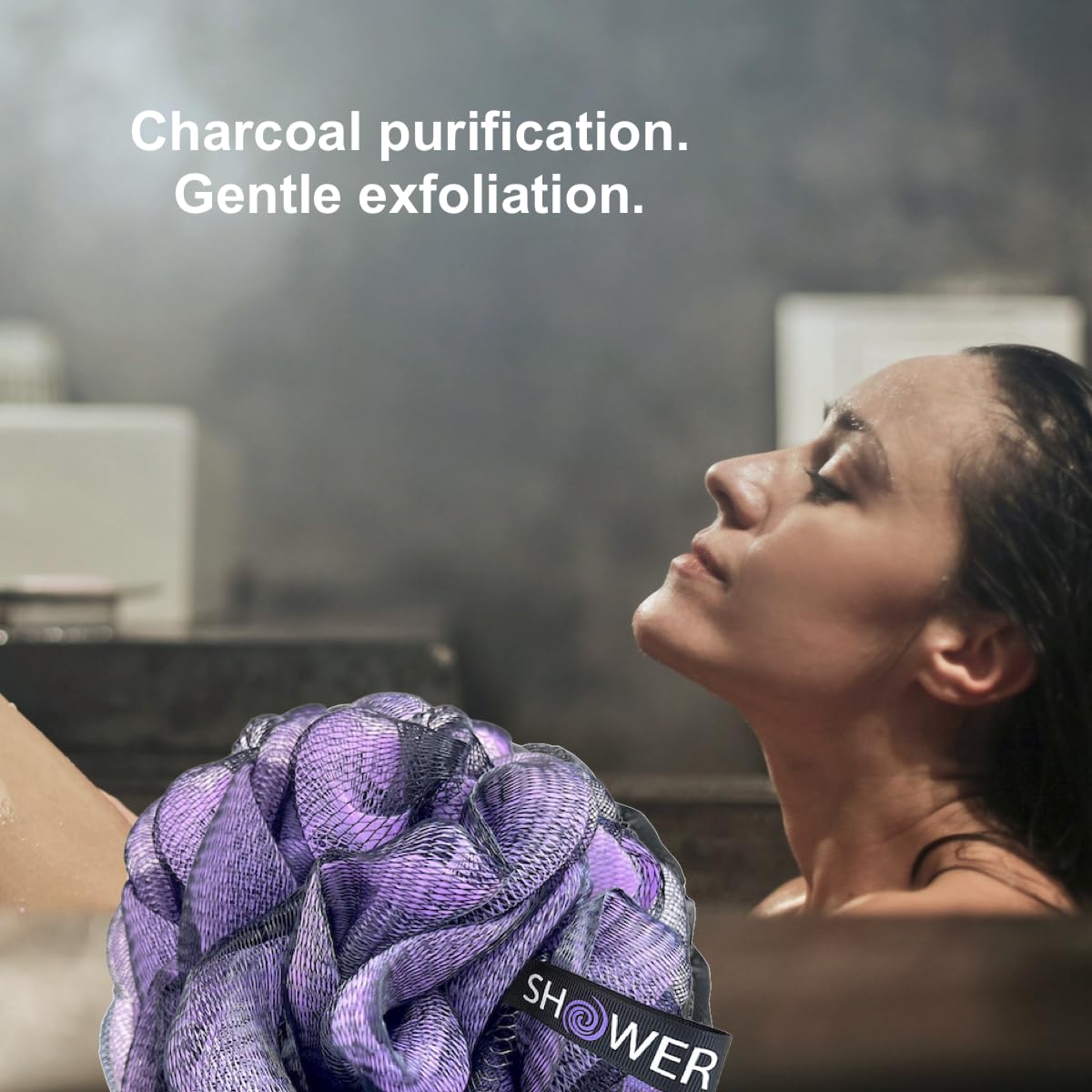SHOWER BOUQUET Loofah-Charcoal Back-Scrubber & Bath-Sponge Color-Set // 1 Long-Handle-Back-Brush plus 2 Extra Large 75g Soft Mesh Loofa Lufa Loufa