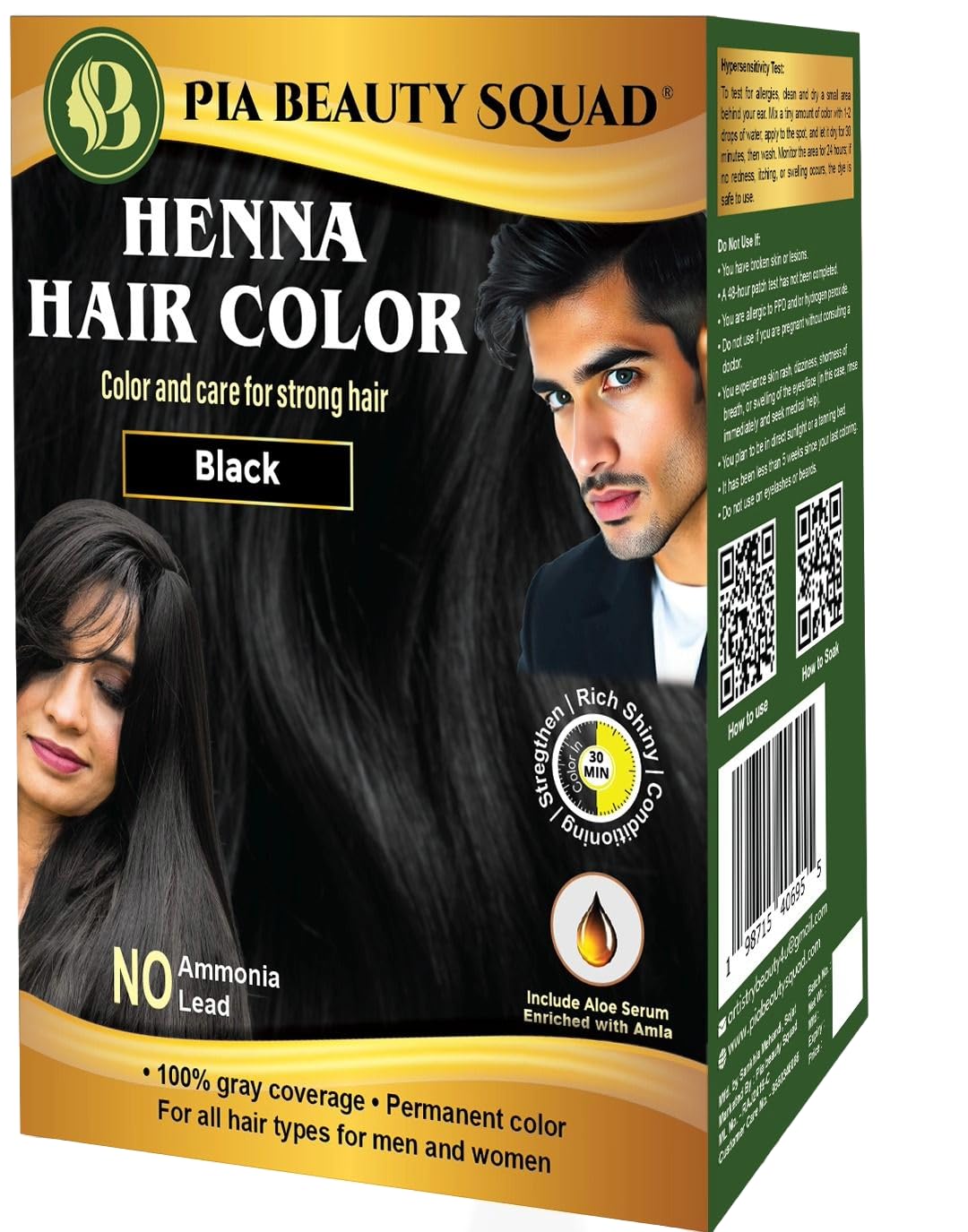 PIA Beauty Henna Hair Color Kit - Black - 30 Minute Ayurvedic Hair Dye with Serum - 100% Grey Coverage |Color mix+ Shine Serum | For Men & Women