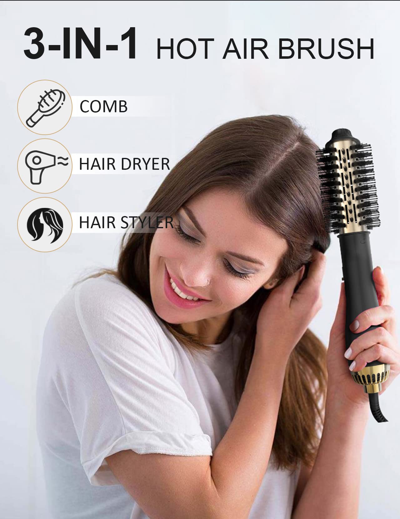 Hot Air Hair Blow Dryer Brush - 3 in 1 Negative Ionic Hairdryer Blowout Brush for Drying Straightening Volumizing - 60mm Oval Barrel fit All Hair