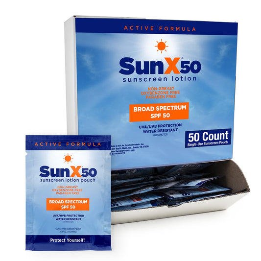 CoreTex Sun X 50 SPF Broad Spectrum Sunscreen Packets - Pack of 50 Paraben, Oxybenzone, Octinoxate, & Oil Free Sunscreen - No White Cast and Water