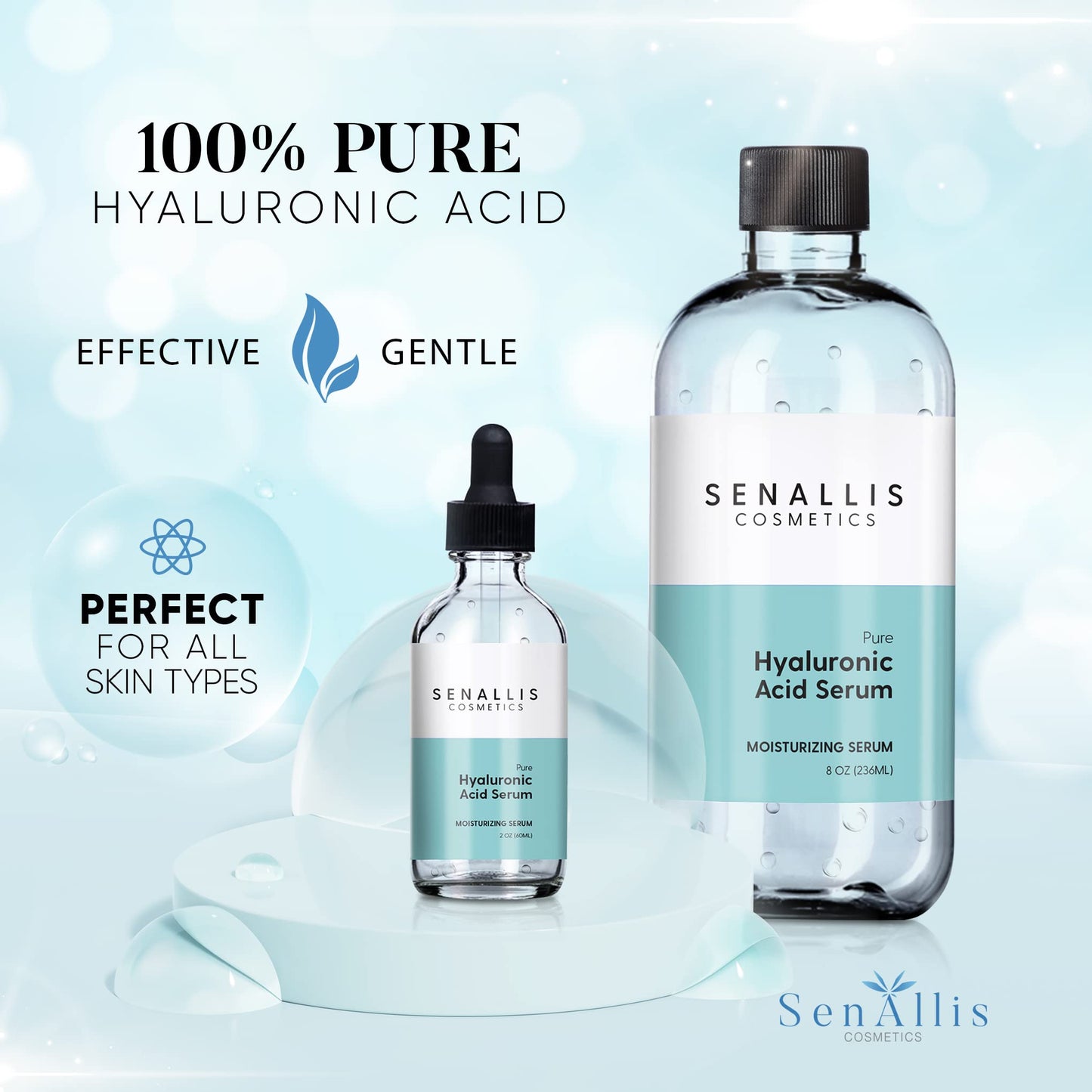 Hyaluronic Acid Serum 8 fl oz And 2 fl oz, Made From Pure Hyaluronic Acid, Anti Aging/Wrinkle, Ultra-Hydrating Moisturizer That Reduces Dry Skin