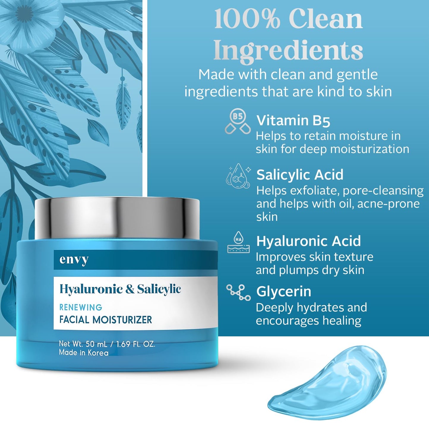 Envy Hyaluronic & Salicylic Acid Face Moisturizer Cream - Hydrating, Acne Scar Reduction & Anti-Aging Day Cream - Dermatologist Tested, Clean Beauty