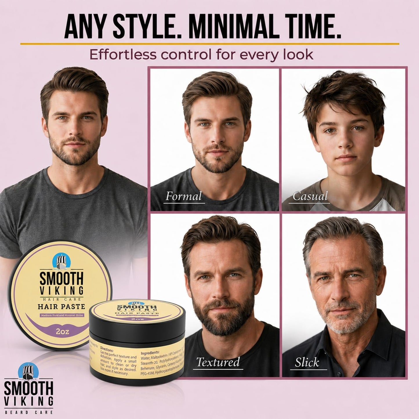 Smooth Viking Hair Paste for Men - Natural Matte Styling Paste for Textured Messy Hairstyle Hair Cream, Hair Styling Cream with Minimal Shine & Medium