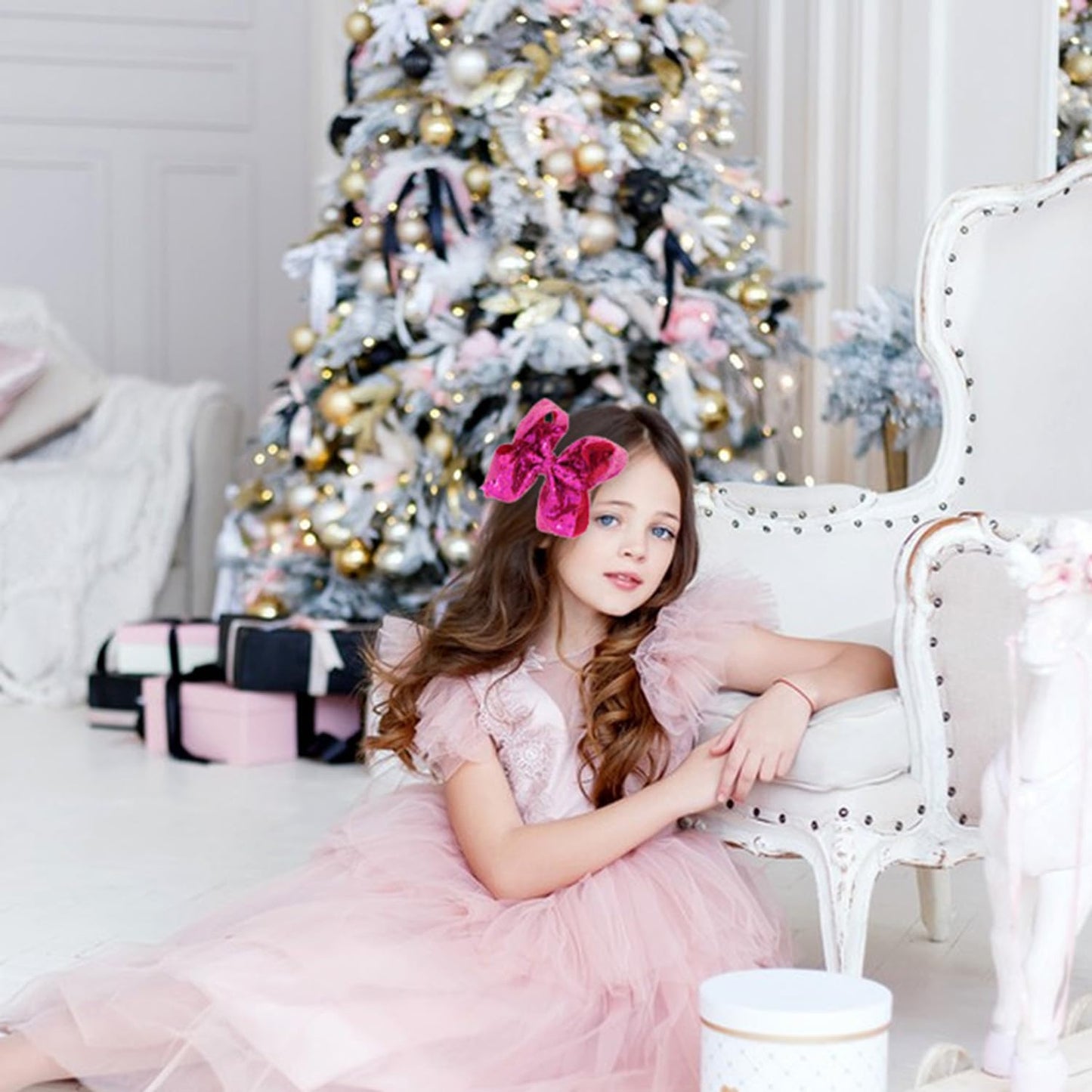 AMYDECOR 8 Inch Hot Pink Sparkly Glitter Sequin Hair Bows for Girls