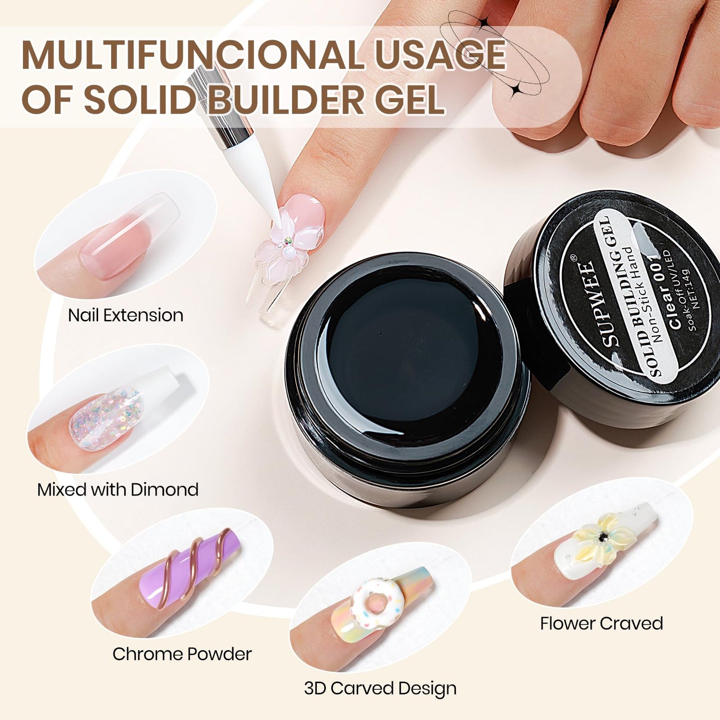 SUPWEE 2PCS Clear 3D Sculpting Gel Non-Stick Hand Solid Builder 3D Nail Gel Art with Silicone Pen for 3D Modeling Nail Art Home Manicure DIY for Women Beauty and Personal Care SUPWEE
