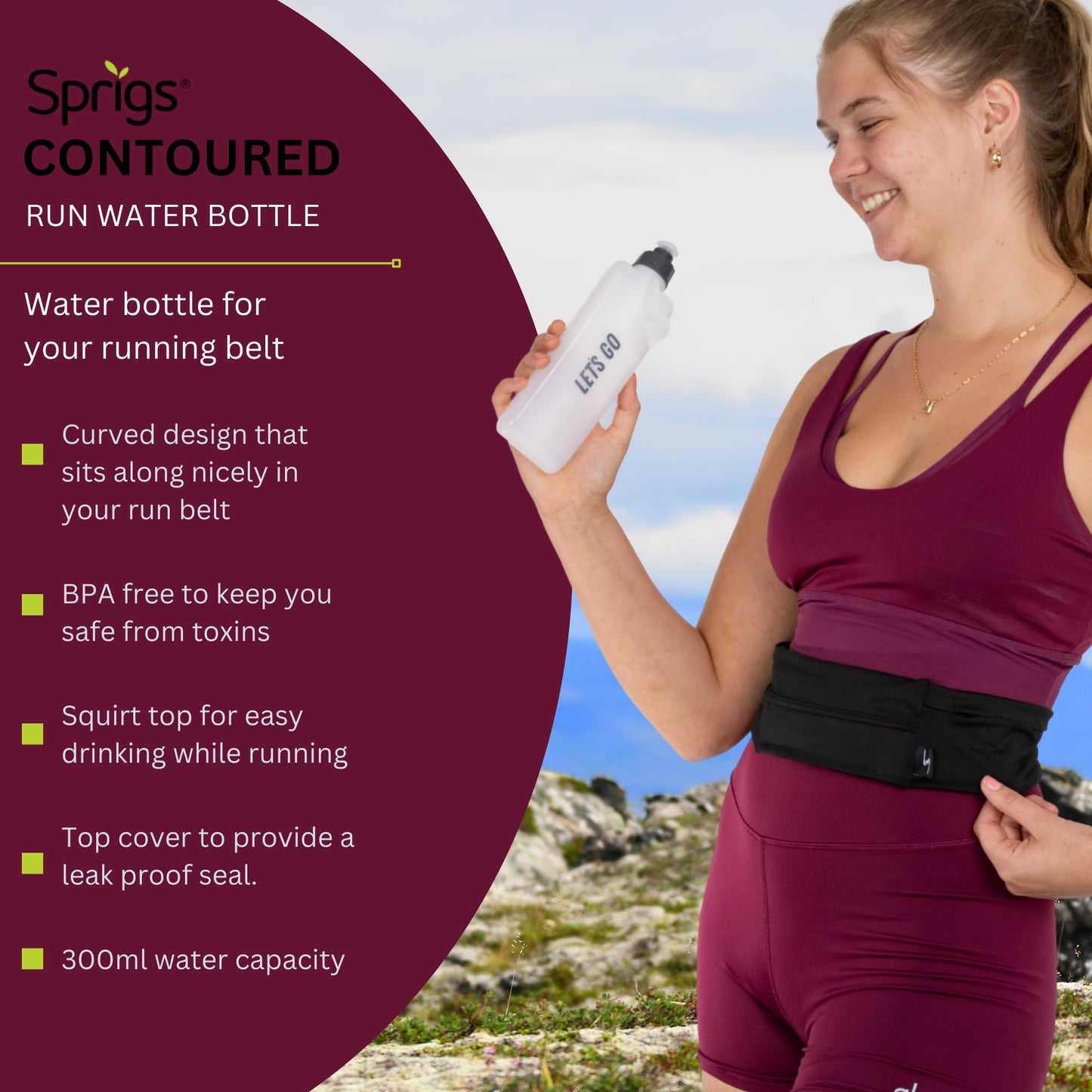 Sprigs Lets Go Curved Water Bottle for Running, 300 ml, Leak Proof Top, BPA Free, Fits 3 Pocket Belt (Black Let's Go, 300 ML)
