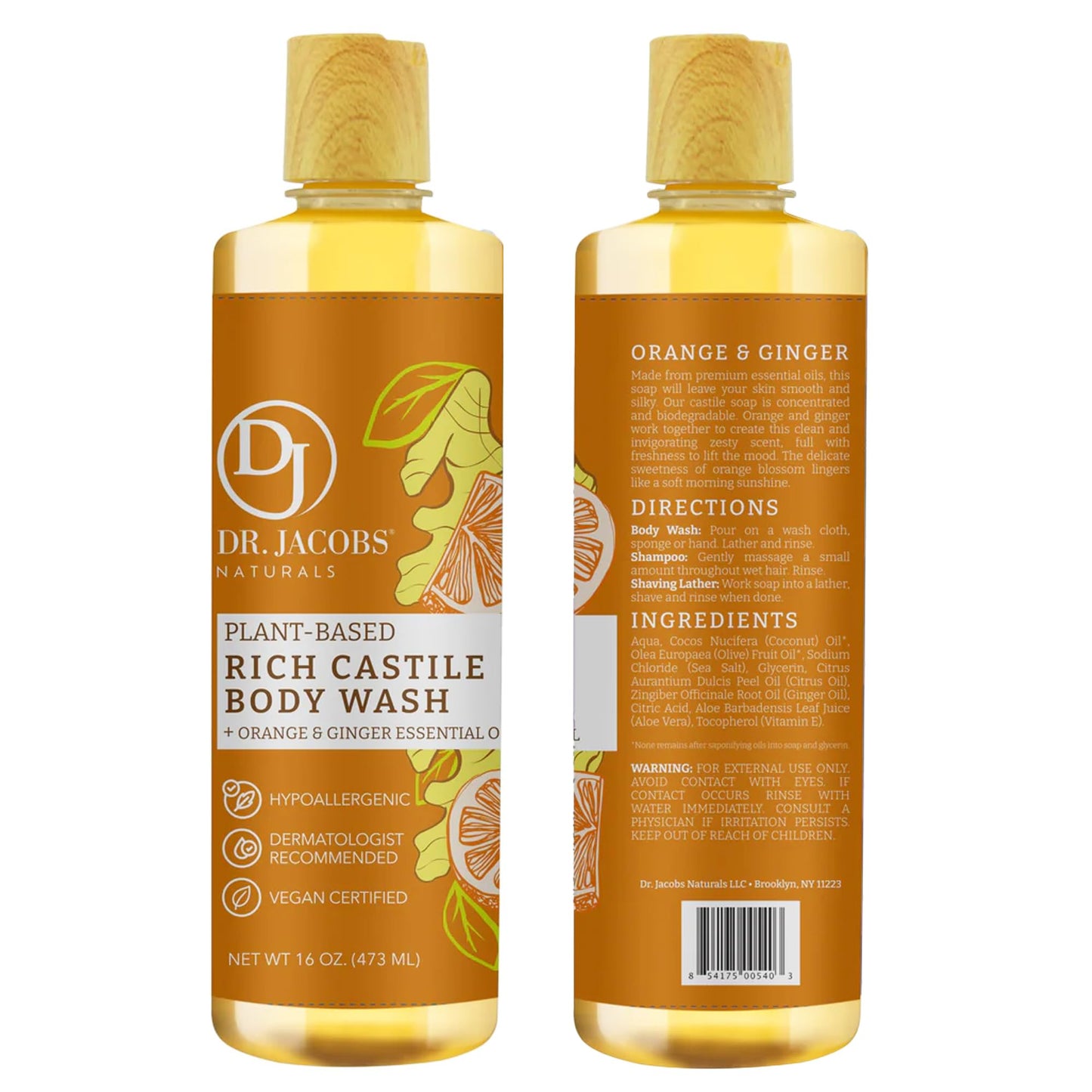 Dr. Jacobs Naturals Pure Castile Soap Liquid Body Wash, Orange & Ginger - Plant Based Soap Infused with Vitamin E & Aloe Vera to Moisturize Dry