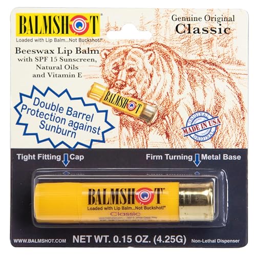 BALMSHOT Classic Natural Lip Balm SPF 15 - Beeswax Chapstick with Natural Oils & Vitamin E - 20-Gauge Shotgun Shell Brass Tube - Long Lasting, Heat
