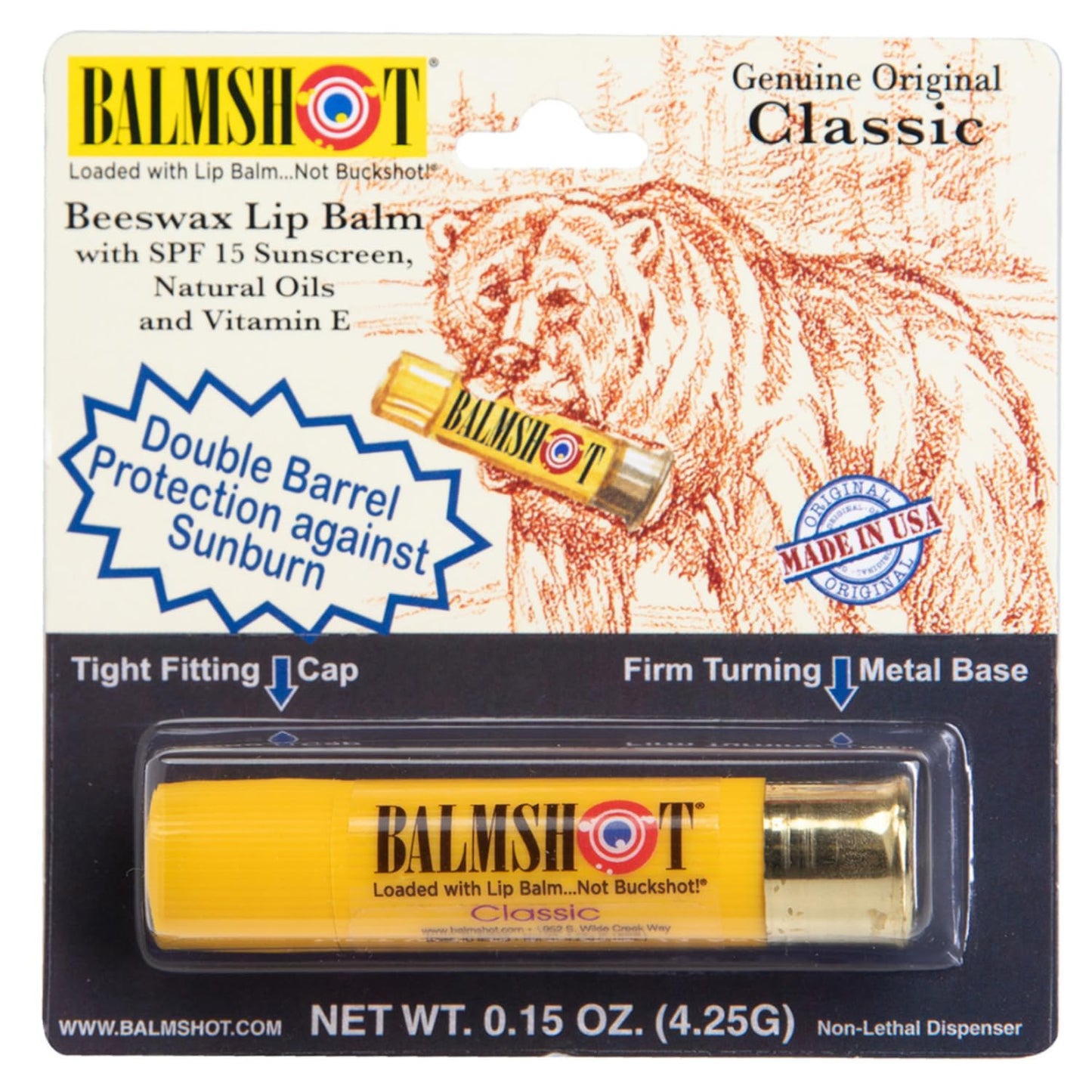 BALMSHOT Classic Natural Lip Balm SPF 15 - Beeswax Chapstick with Natural Oils & Vitamin E - 20-Gauge Shotgun Shell Brass Tube - Long Lasting, Heat