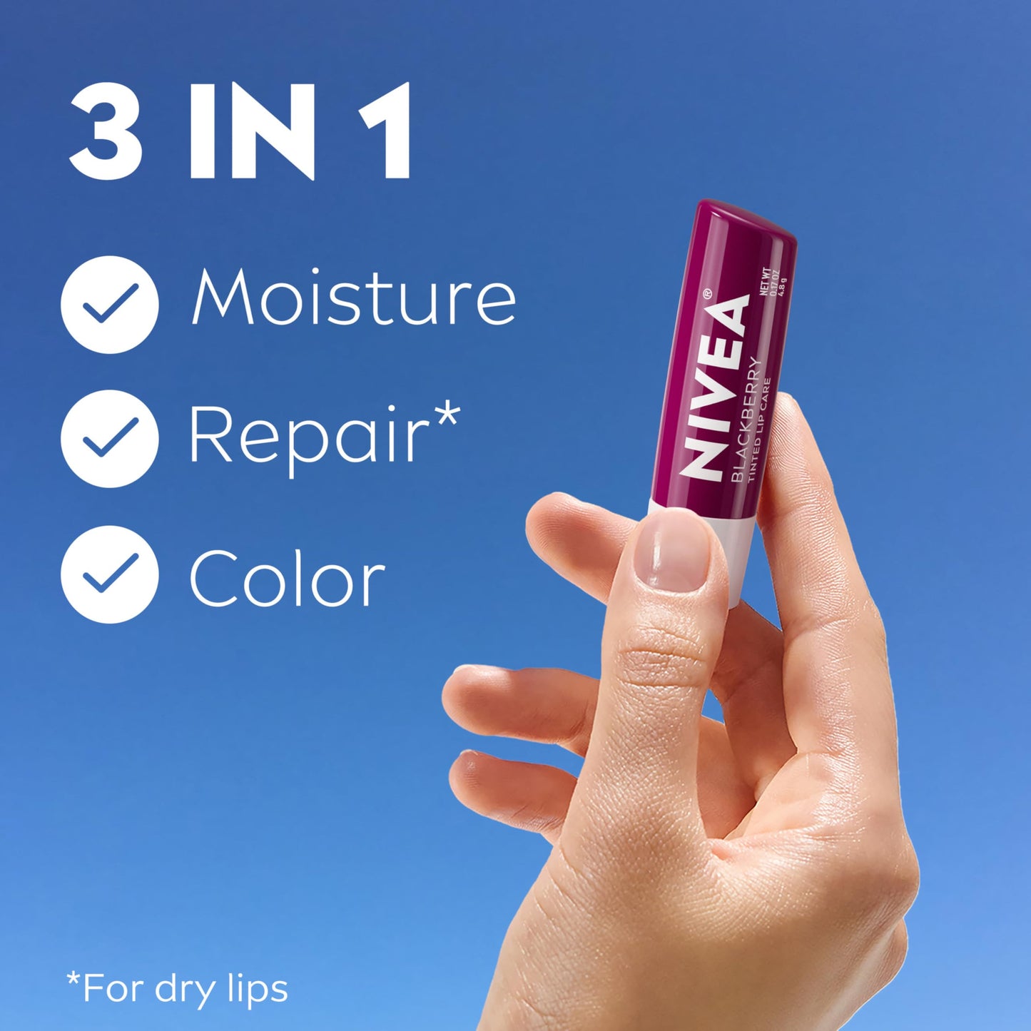 NIVEA Blackberry Lip Care, Tinted Lip Balm with Shea Butter, Nourishing Oils and Vitamin C & E, 3-in-1 Moisture, Repair (for Dry Lips) and Color, 0.17