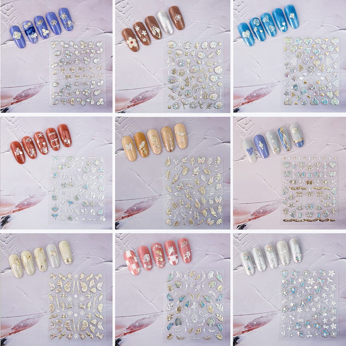Zoance 20 Sheet 5D Embossed Nail Art Stickers,Luxury Gold Silver Nail Decals Self-Adhesive Metallic Leaves Flower Butterfly French Nail Stripe Line