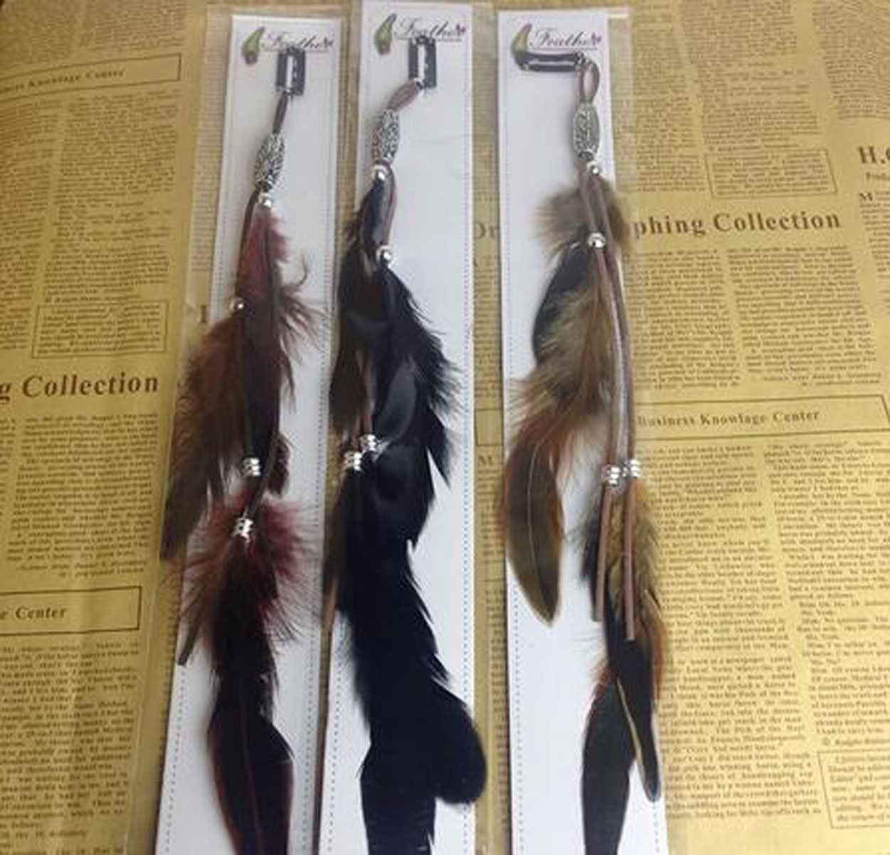 3 Pcs Handmade Boho Feather Clip Comb Hair Extensions - Women Lady Hippie Headdress Hairpin for Hair DIY Accessories