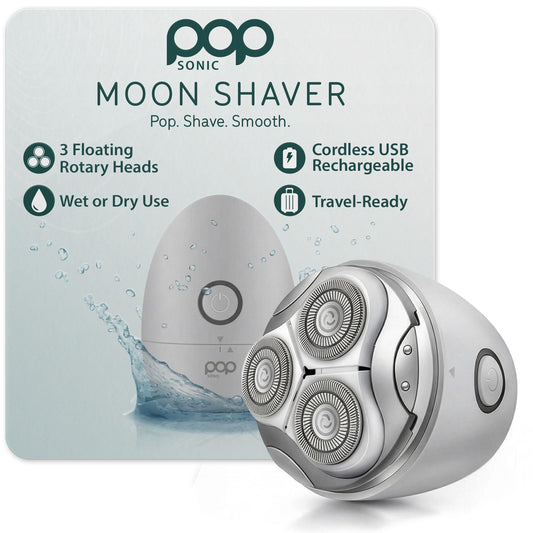 Pop Sonic Moon Shaver (Silver) - Face & Body Shavers for Men & Women - 3 Floating Rotary Heads Face Shaver w/Removable Cap - Long Lasting Lithium-ion Beauty and Personal Care Pop Sonic