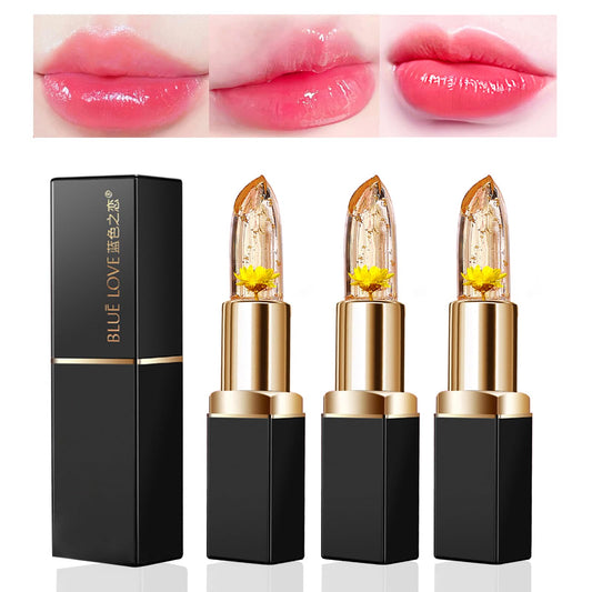 BLUE LOVE 3-Piece Color Changing Flower Jelly Lipstick Set - Nourishing Clear Lip Balm with Flower, Long-Lasting Moisturizing Lip Gloss (3Pc Gold) Beauty and Personal Care BLUE LOVE