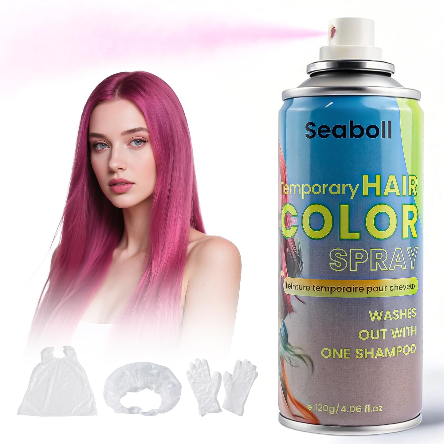 Pink Hair Spray, Seaboll Temporary Hair Color Spray for Kids Women Men-4.06 oz- Safe Non Sticky Washable One Day Hair Dye Spray,Disposable Accessories