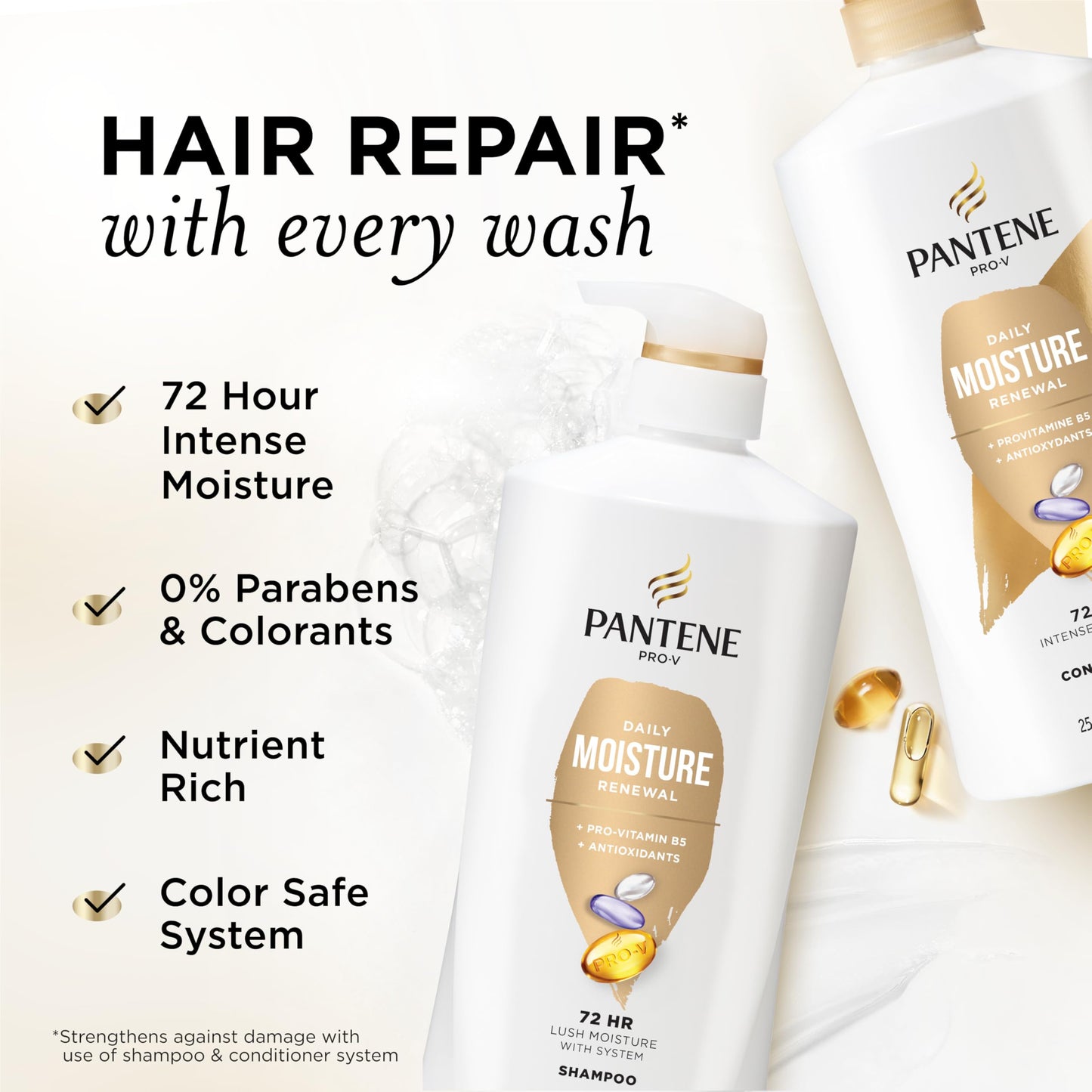 Pantene Shampoo & Conditioner Set, Daily Moisture Renewal - Pro-V Nutrients for Dry, Color-Treated, Straight to Curly Hair, 72-Hour Hydration