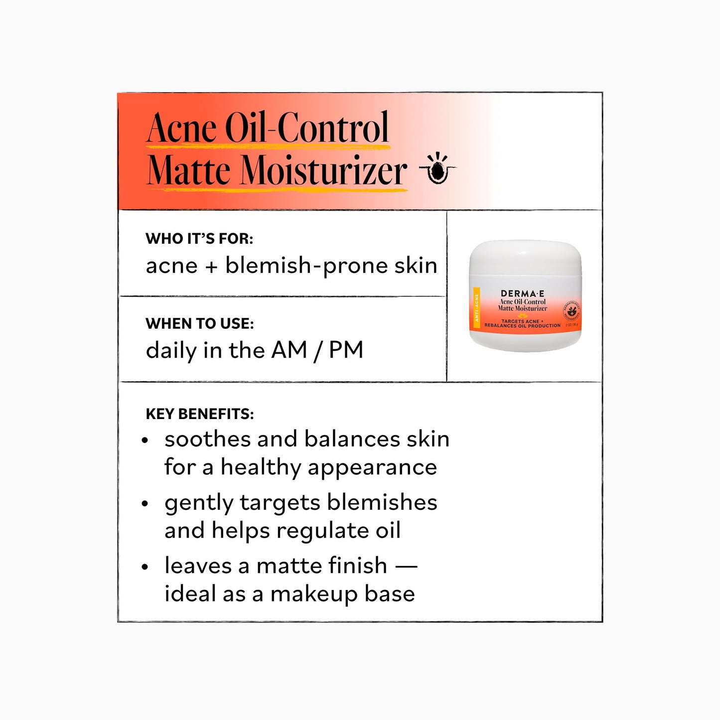 DERMA E Acne Oil Control Face Moisturizer, 2 Oz, Matte Moisturizer with Salicylic Acid, Tea Tree Oil & Aloe Vera, Face Cream Rebalances Sebum