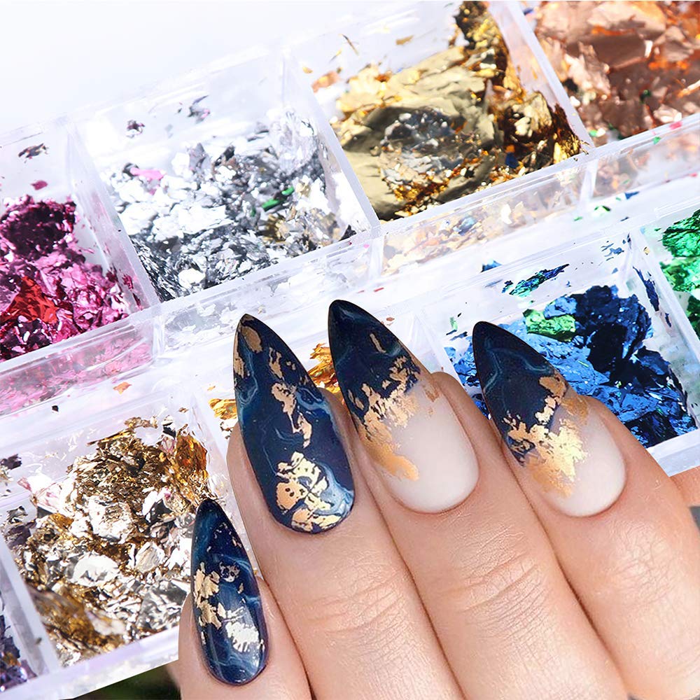 AUOCATTAIL 24 Grids Foil Nail Art Holographic Aluminum Nail Foil Flakes Stickers Nail Sequins 3D Glitter Decoration DIY Design Accessories Rainbow