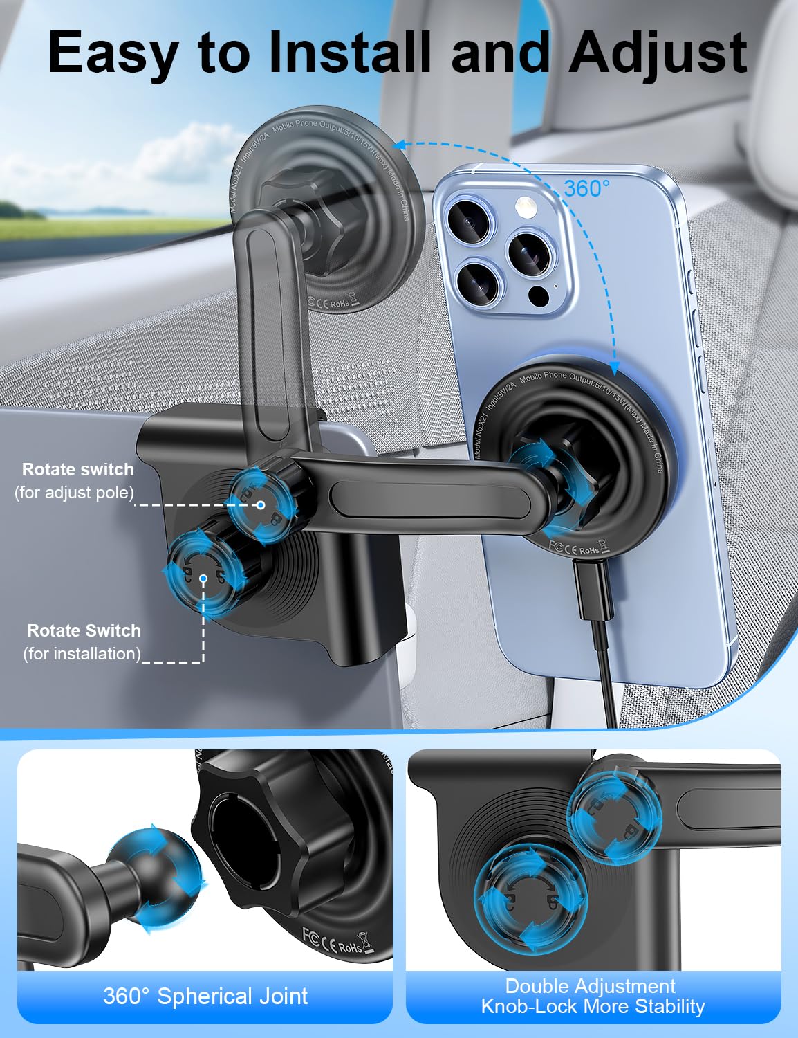 Tesla Car Mount Charger, [Heat Restriction] [LED RGB HandsFree] Wireless Car Phone Holder Charger, Magnetic Phone Holders for Your Car for Tesla…