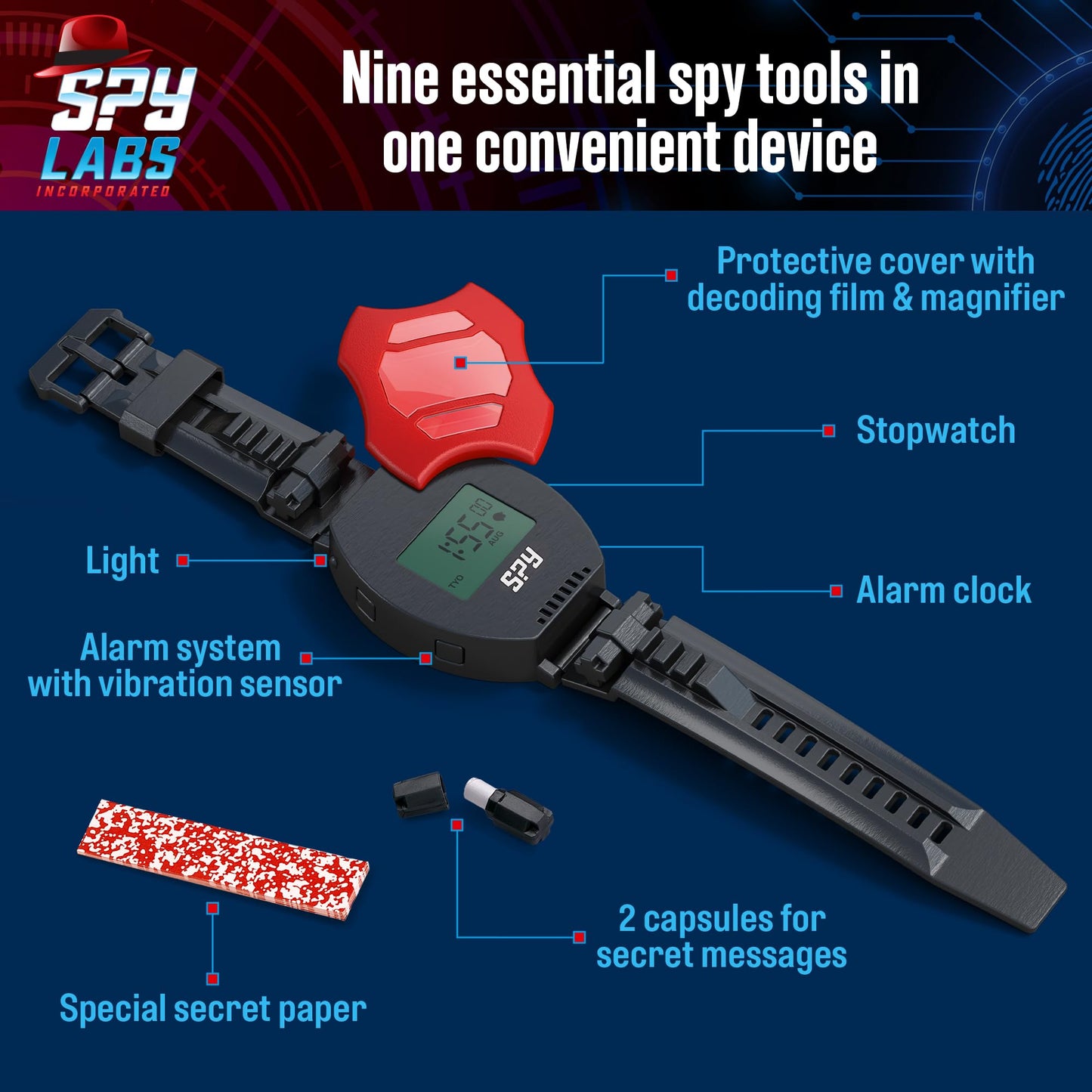 Thames & Kosmos Spy Labs 9-in-1 Spy Watch – Time, Date, Alarm, Stopwatch, Magnifier & Secret Message Tools | Detective Gadget for Young Investigators