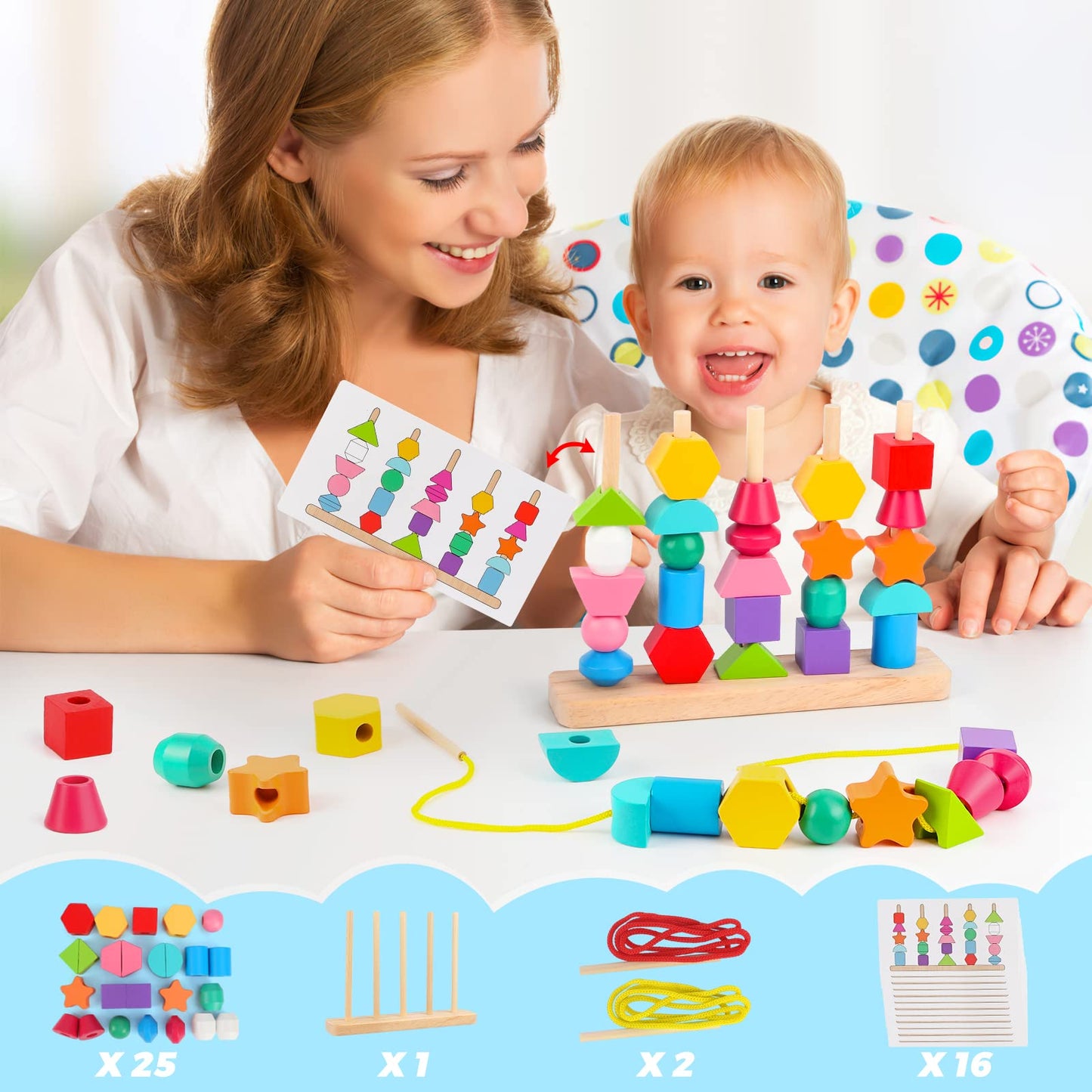 Montessori Wooden Beads Sequencing Toy Set | Stacking, Lacing & Shape Matching Blocks | STEM Learning Gift for Kids & Toddlers Ages 2–5