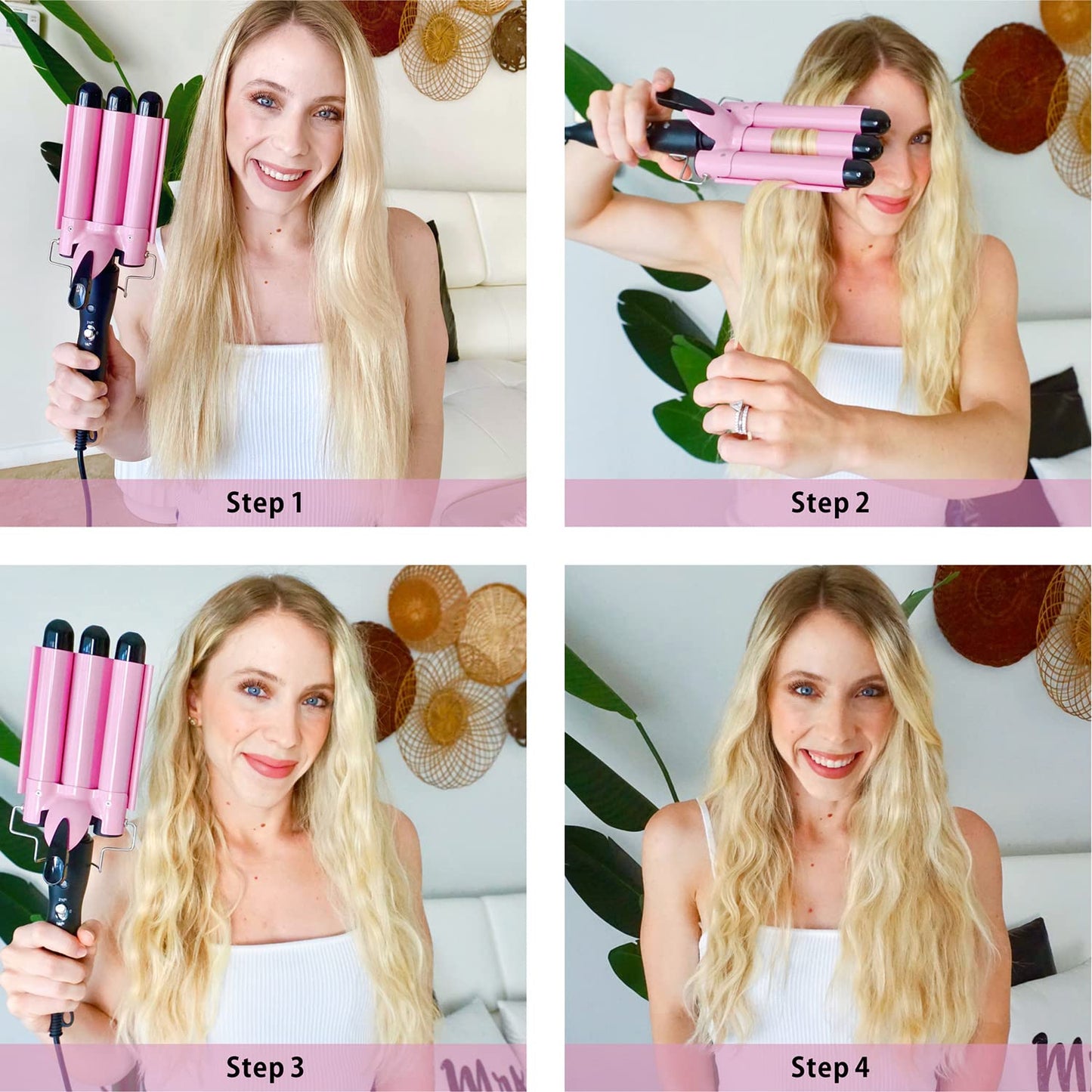 TOP4EVER 3 Barrel Curling Iron, 1 inch Crimper Hair Tool,Crimping Waver for Women Beach Waves with Two Temperature Settings, Pink Beauty and Personal Care TOP4EVER