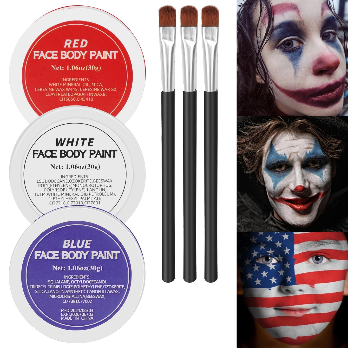 White Red Blue Face Body Paint,Halloween Clown Makeup Kit with 3 Brushes,Professional Red White Blue Face Body Painting Kit for Clown, Joker, Theater