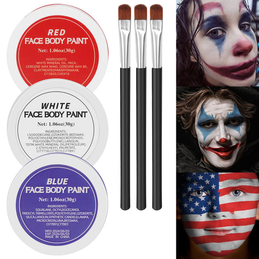 White Red Blue Face Body Paint,Halloween Clown Makeup Kit with 3 Brushes,Professional Red White Blue Face Body Painting Kit for Clown, Joker, Theater