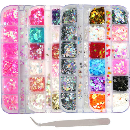 AddFavor 4 Boxes Holographic Nail Sequins Mixed Shapes Iridescent Glitter Flakes Hearts Star Moon DIY Design Manicure Nail Art Decorations Sets